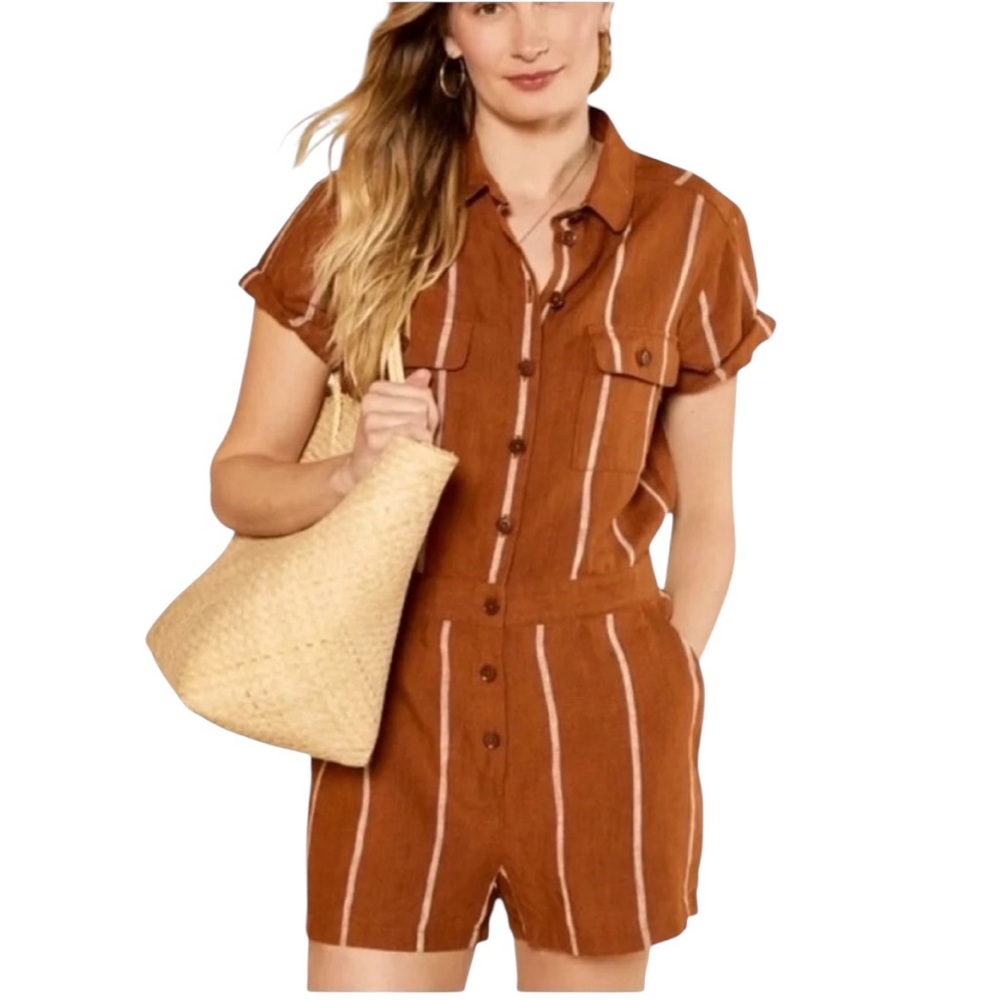 Outerknown S.E.A. SUIT SHORTALL ROMPER Brown and White Striped Size Medium